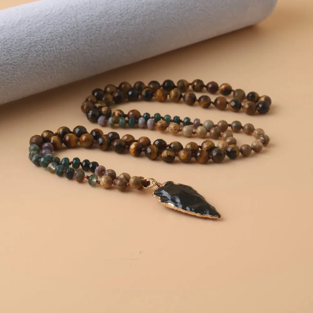 

Natural multi-color agate stone tiger eye stone 108 knot necklace obsidian arrow pendant fashion jewelry