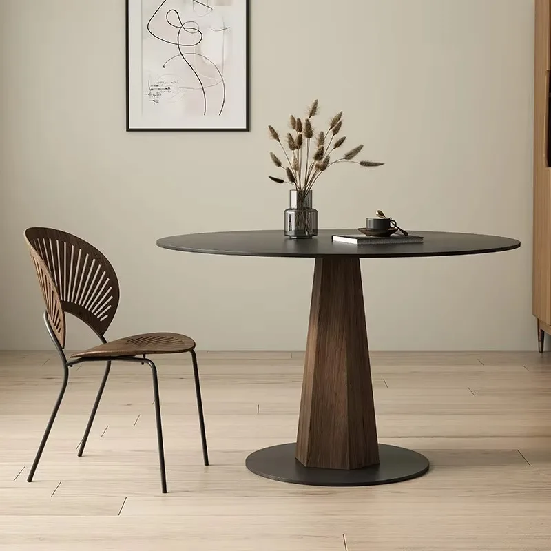 Minimalist Round Dining Table, Black Sintered Stone Top With Walnut Wood Pedestal, Modern 4-Seater Kitchen Table For Apartment