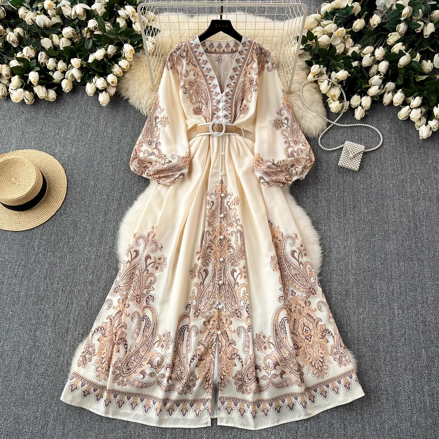 

Autumn Runway Linen Robe Dress Women's V-Neck Lantern Sleeve Single Breasted Vintage Paisley Print Belt Long Party Prom Vestido