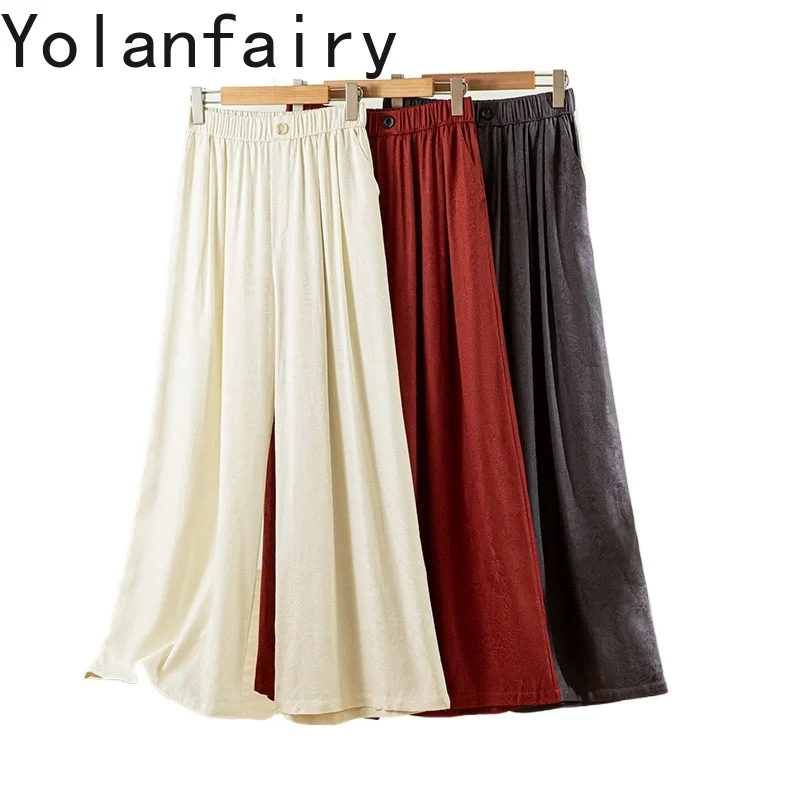 

YOLANFAIRY 100% Mulberry Silk Jacquard Wide Leg Pants Woman Spring Summer High-waisted Loose Pants Trousers Pantalon De Mujer