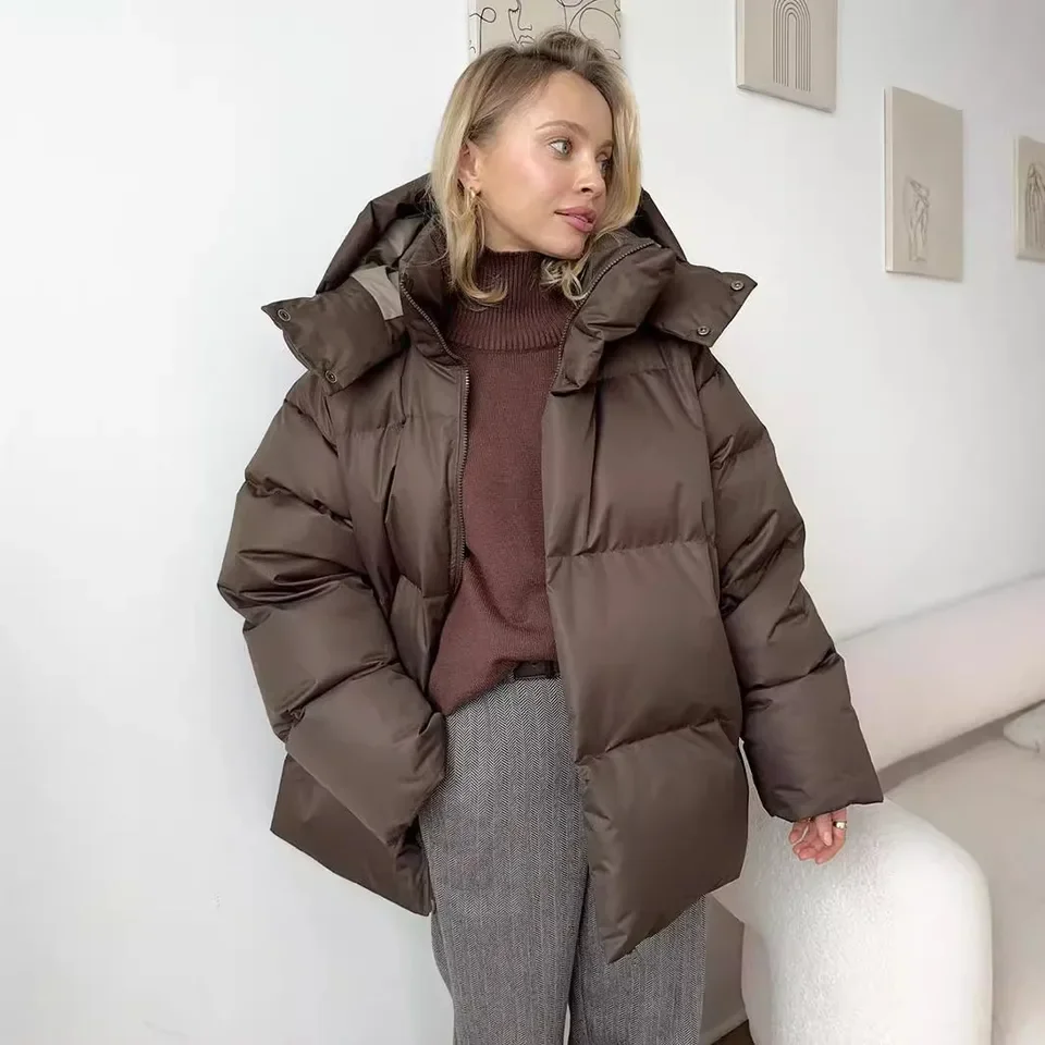 2026 Winter New Loose Hooded Cotton Padded Coat Women Solid Color Thick Warm Casual Quilted Apparel
