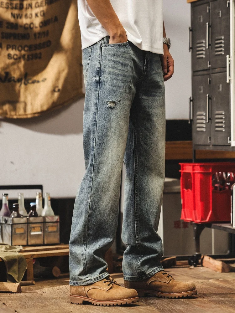 

Мужские джинсы в американском ретро-стиле, осенние, модные, светло-голубые, повседневные, свободные, прямого кроя, длинные брюки для молодежи, хлопок/полиэстер