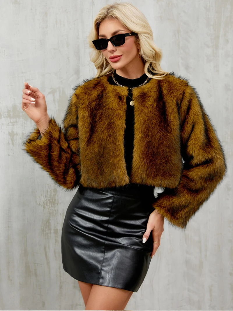 Autumn Women's Fur Jacket Fashion Round Neck Casual Faux Fur Cropped Coat Chic Warm Outerwear Elegant Lady Plush Fur Jacket