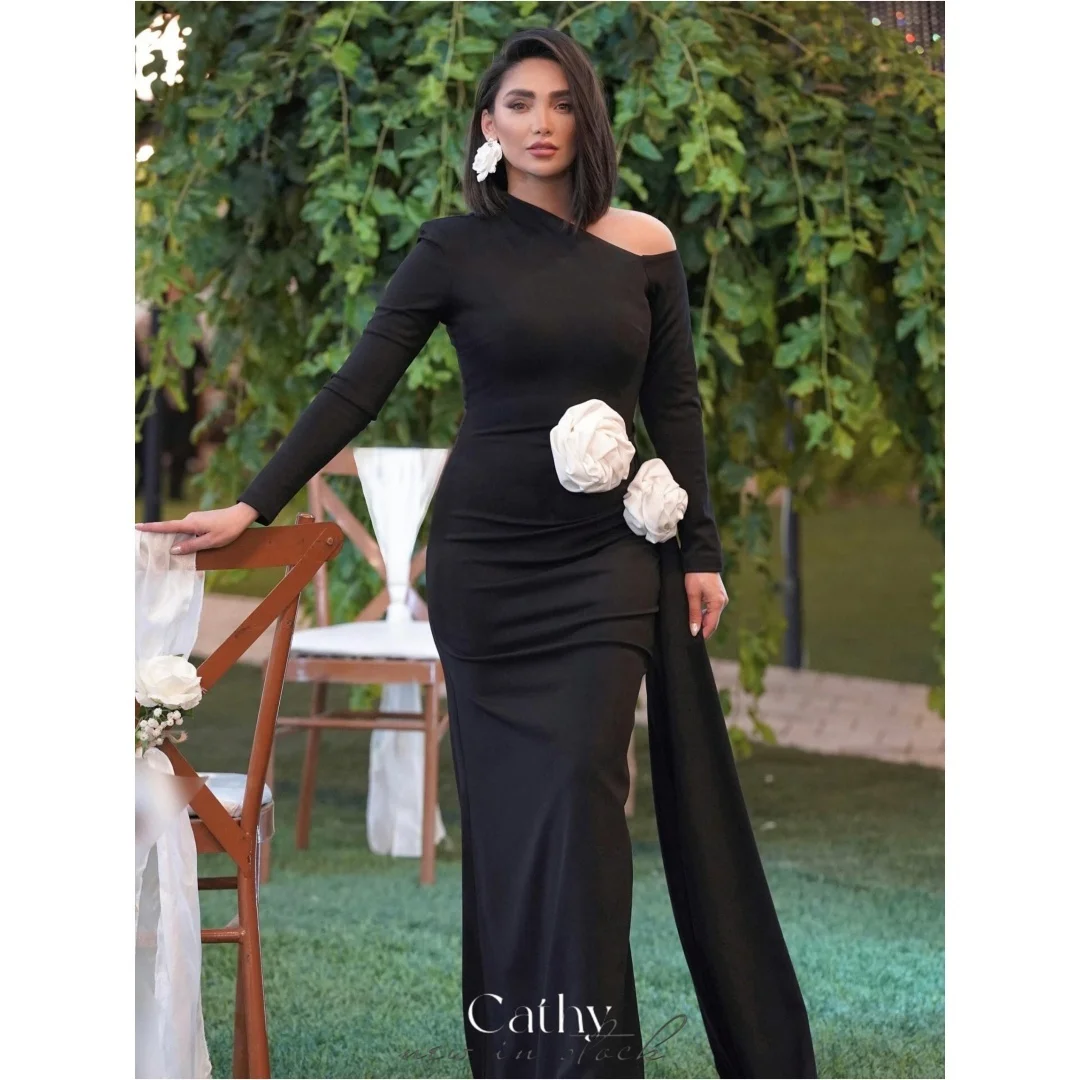 

Cathy Customized Black Mermaid 3D Flower Prom Dresses Long Sleeves Side Tail vestidos de noiva Floor-length Formal Evening 2025