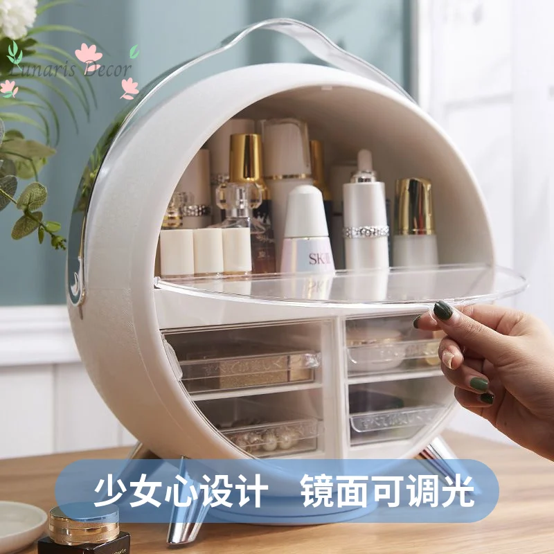 Round portable high-end flip cover cosmetic storage box, countertop skin care product storage box