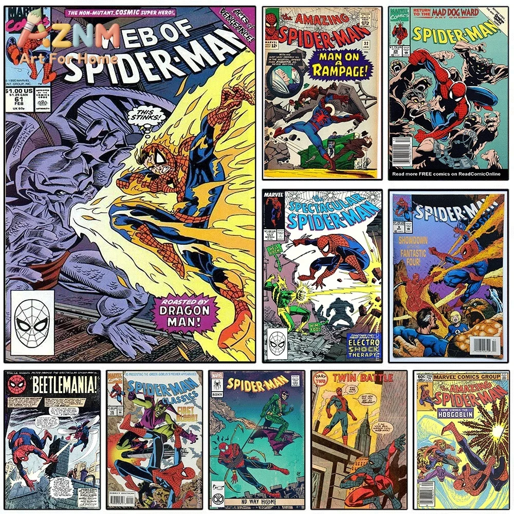Web of Spider‑Man Vintage Comic Cover Canvas Wall Print, Retro Superhero Comic Book Illustration Art Poster, Unframed Canvas P