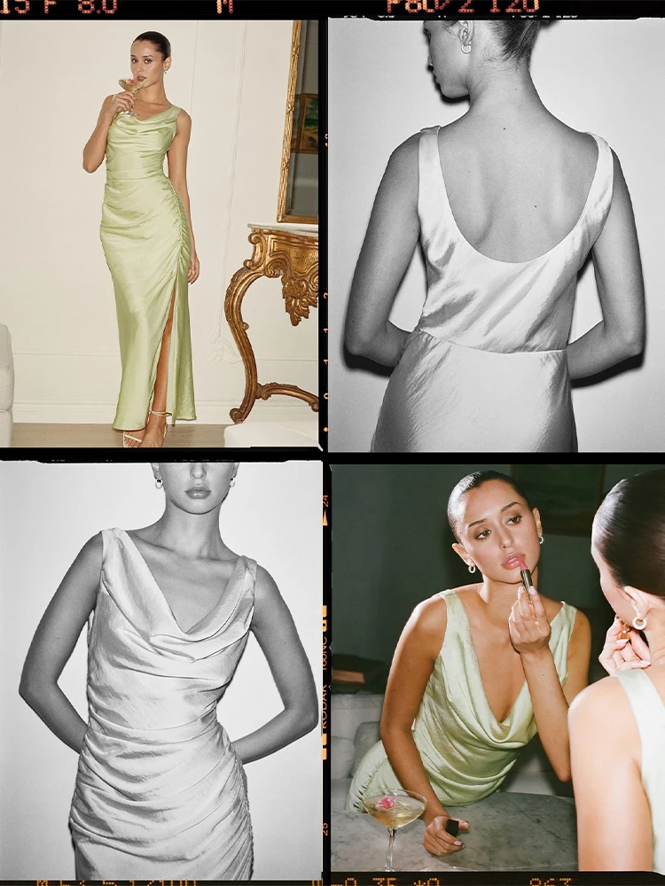 

Элегантное бело-зеленое атласное длинное платье без рукавов с v-образным вырезом и открытой спиной, коктейльное платье с разрезом по бокам для ночного клуба, дня рождения, новые платья