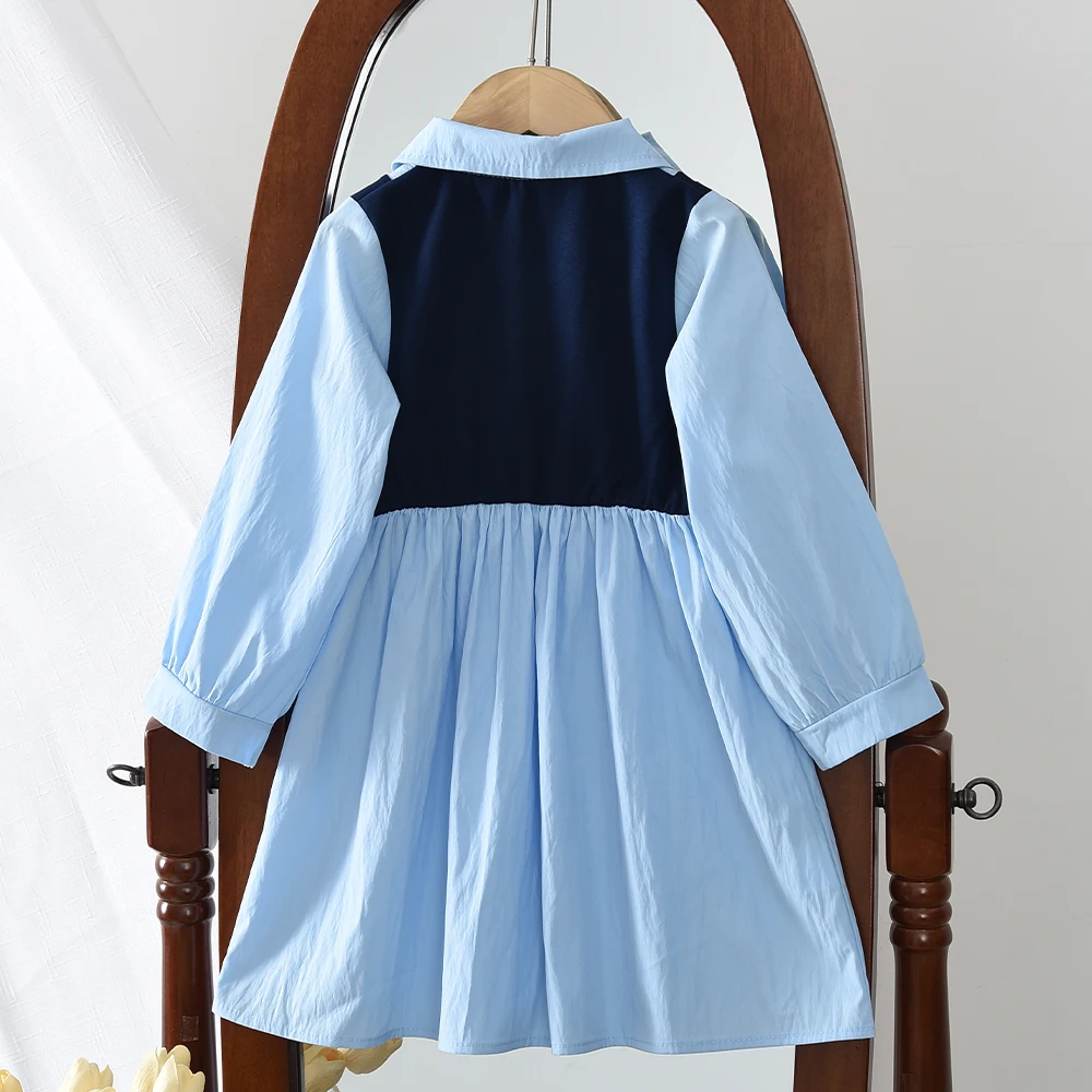 النسخة الكورية الأزرق الخريف ملابس الأطفال الجديدة طويلة الأكمام التلبيب الفتيات فستان كاجوال الحب الديكور نمط الأكاديمية #2