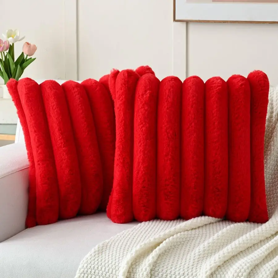 

Valentines Day Red Decorative Throw Pillow Covers 24x24 Inch Set of 2, Square Soft Faux Rabbit Fur Thick Striped European Cushio