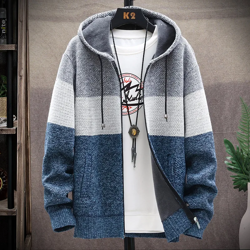 Hooded Fleece Men's Sweater Thick and Velvet Men's Cardigan Knitted Sweatercoats Patchwork Bomber Jacket whth liner Male M-4XL