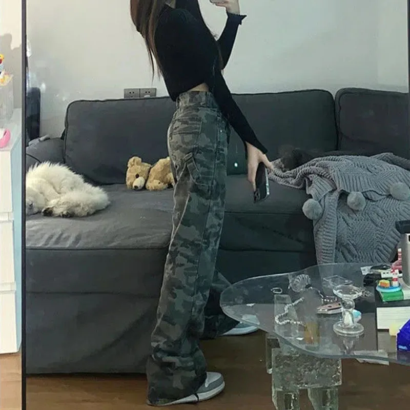 Calça jeans casual para trabalho feminino, calça verde de rua alta, cintura alta, perna reta