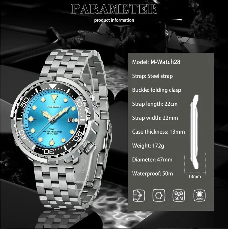 Men\'s Quartz Watch Can Style 47mm Dial with Calendar and Luminous Function Rubber and Stainless Steel Strap with Waterproof 50M