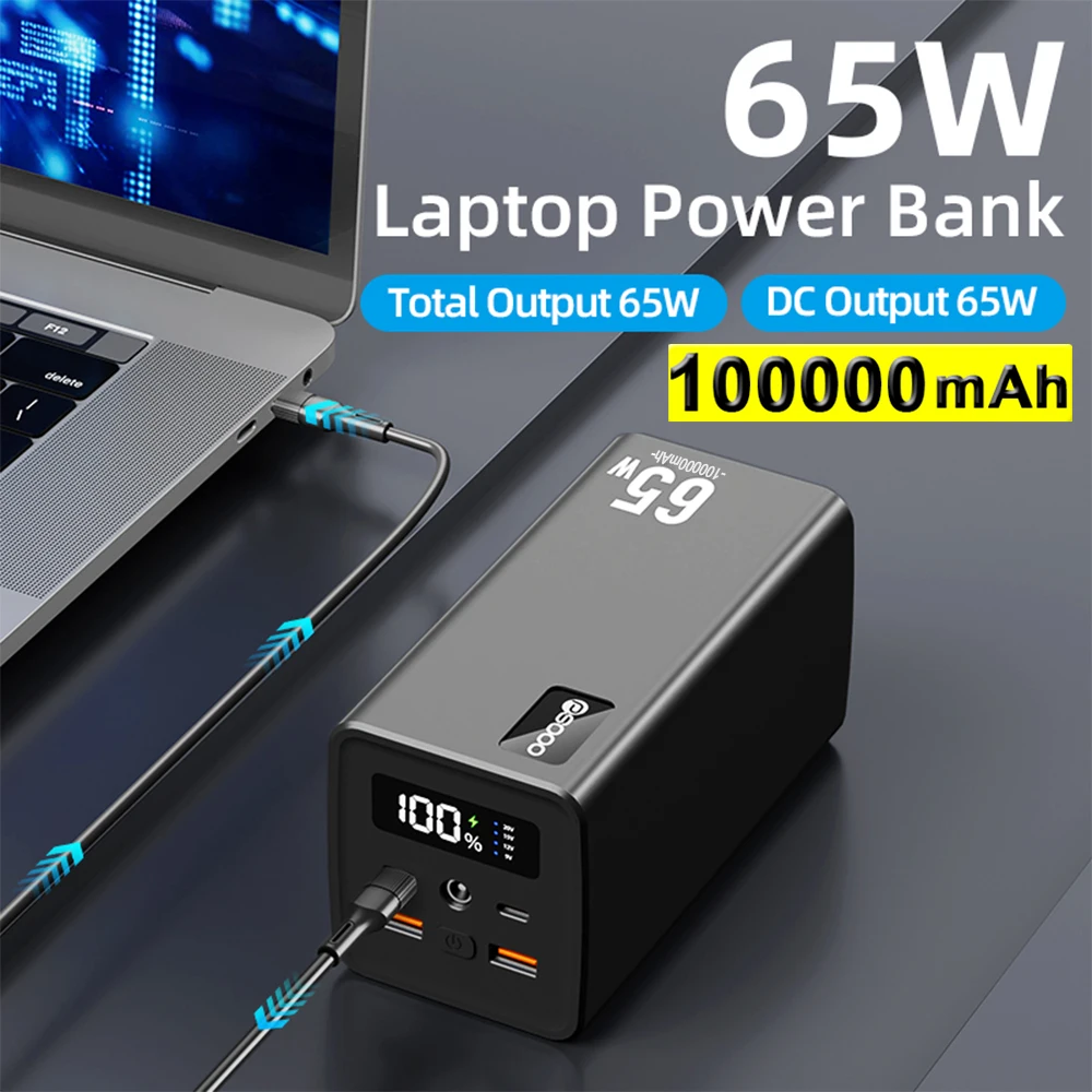 

PSOOO DC PD 65w Power Bank 100000mah Large Cacacity Tablet Charger External Battery Laptop Powerbank For iPhone MacBook Samsung