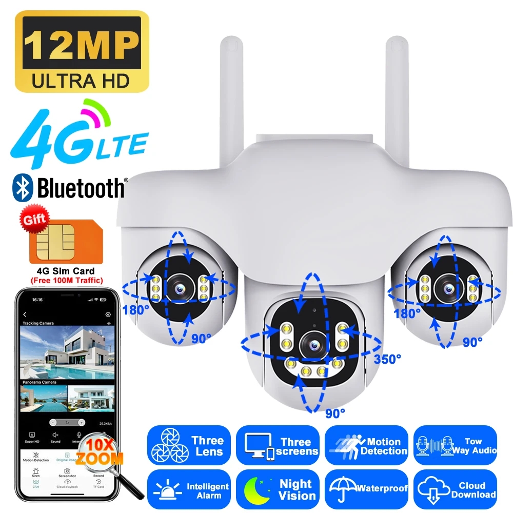 

12MP 4G Camera Outdoor HD Three Lens Three Screen PTZ IP Cameras Human Auto Tracking Waterproof Smart Security Surveillance CCTV