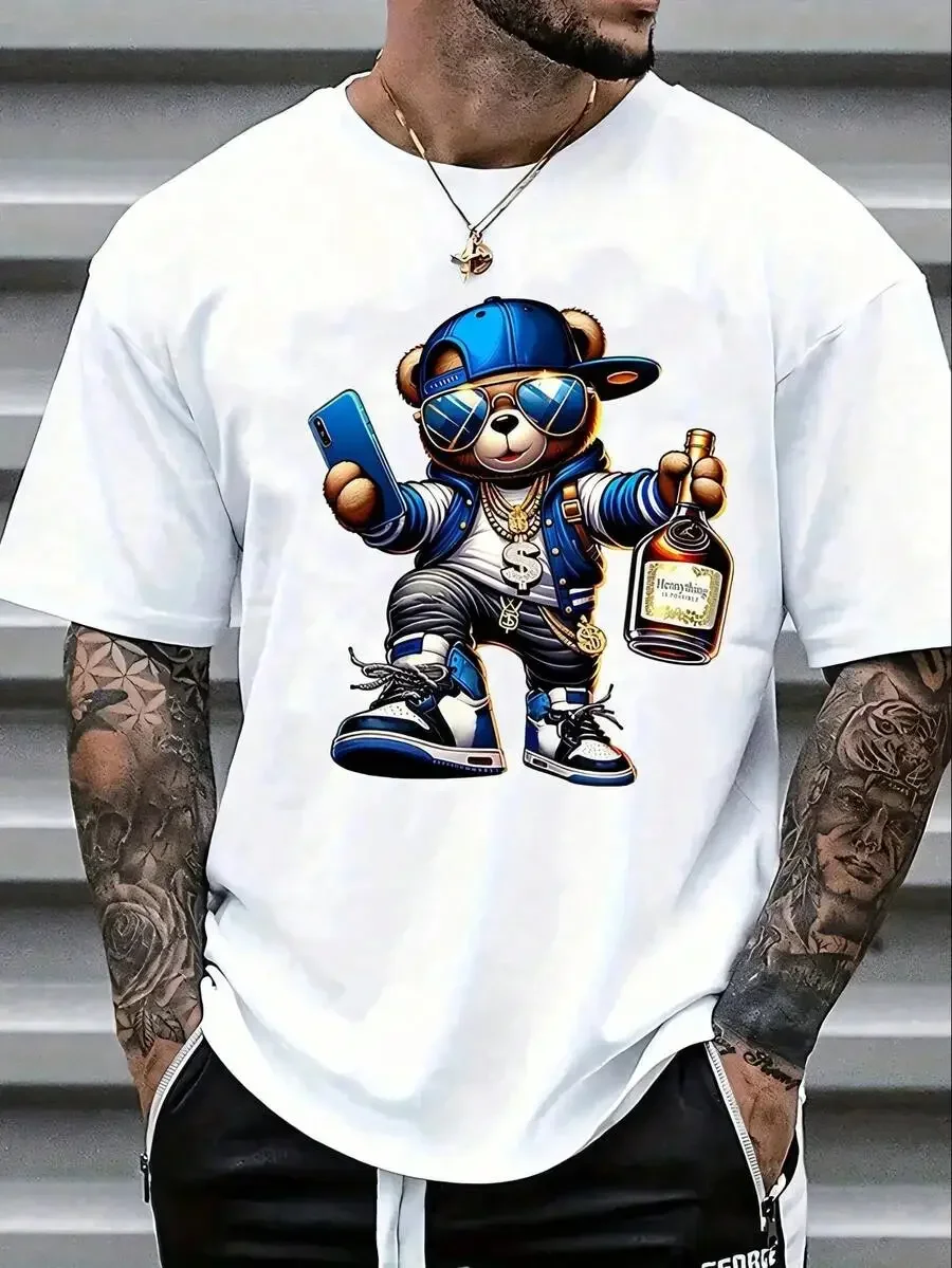 Men's Summer Cartoon Bear Printed Round Neck Short Sleeve Casual
