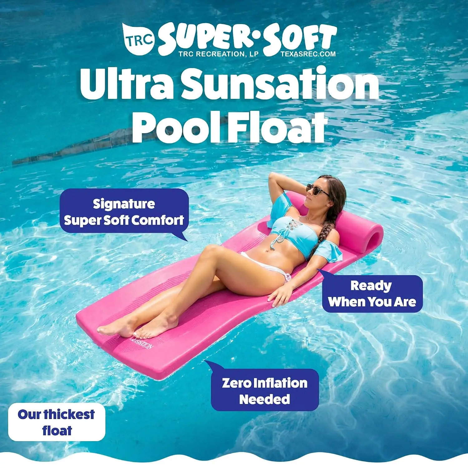 Recreation Ultra Sunsation 2.5” Thick Vinyl Coated Foam Swimming Pool Float Mat Adult Lounger with Built-In Roll, Custom