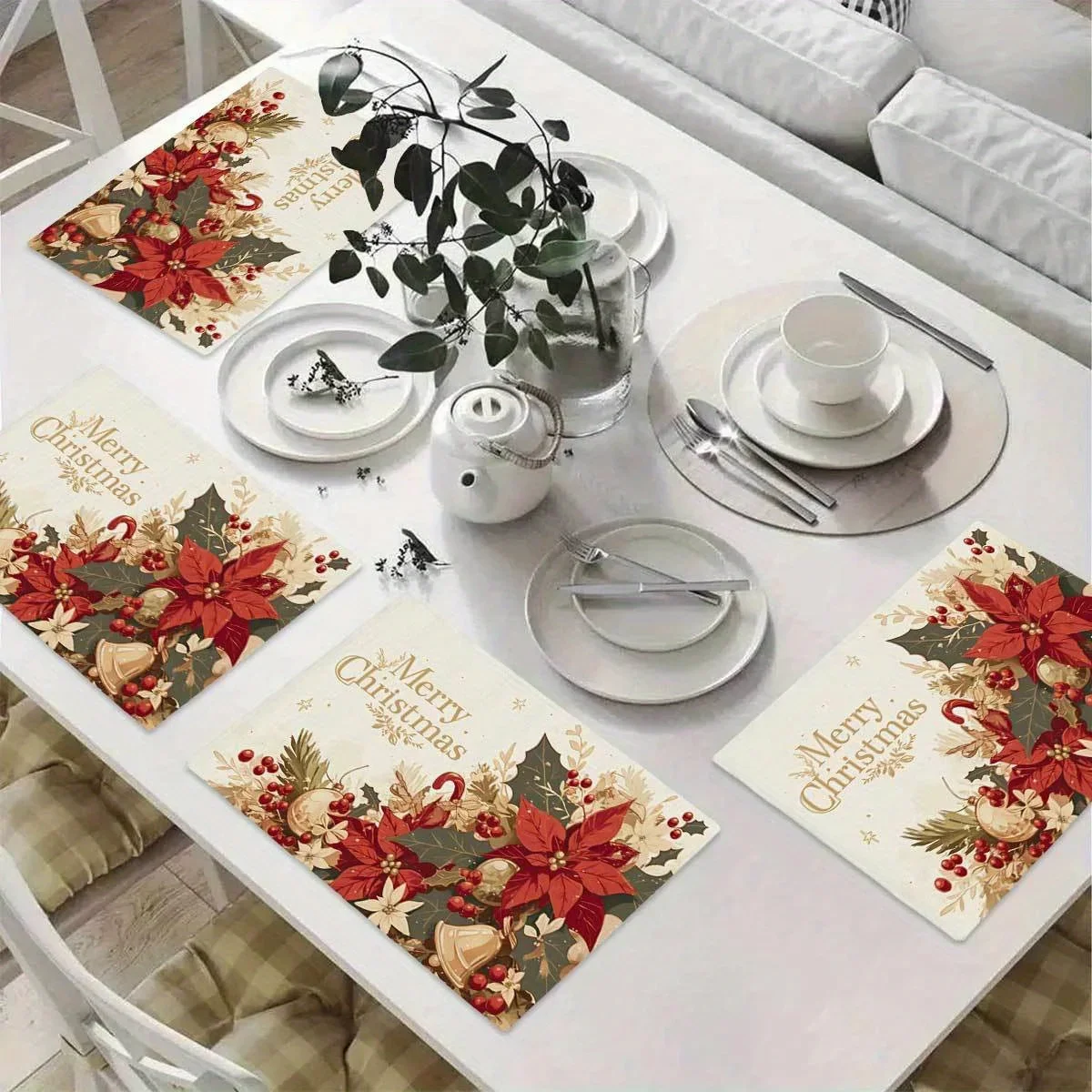 4pcs Retro Red and Green Poinsettia Bell Placemats, Holiday Decor for Family Dining and Christmas Parties