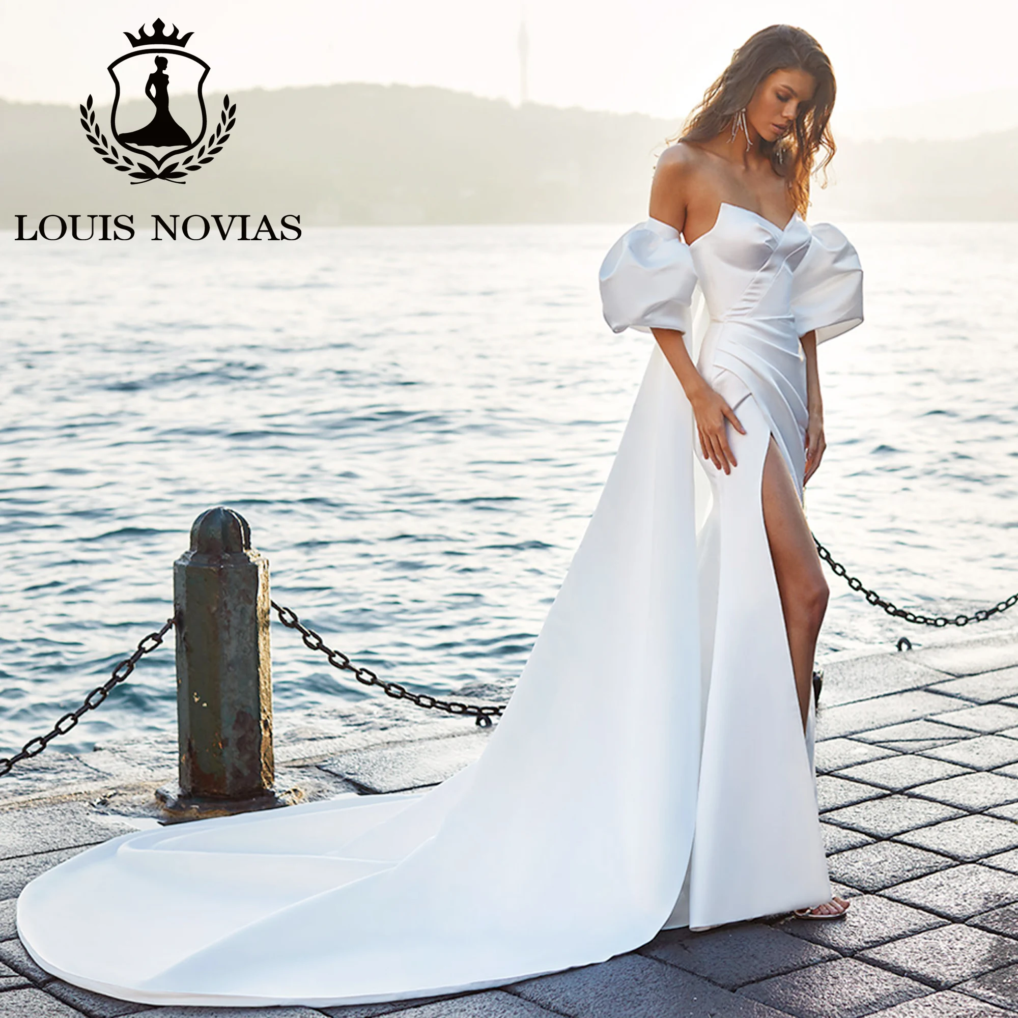 

LOUIS NOVIAS свадебное платье русалки для женщин милое свадебное платье со съемными рукавами на шнуровке с разрезом до бедра Vestido De Novia