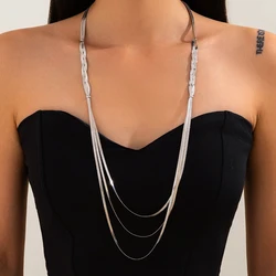 KunJoe Sexy Elegant Multi-layer Woven Flat Snake Chain Necklace for Women Classic Silver Color Long Necklace Party Neck Jewelry