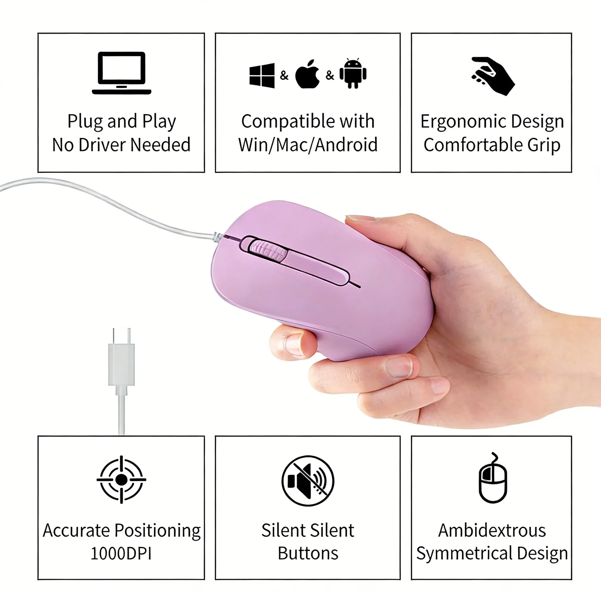 

Ergonomic Mute Type-C Wired Mouse Mini Pink Optical Plug & Play Universal for Windows Android Mac Laptop Tablet Girl Gift Offic