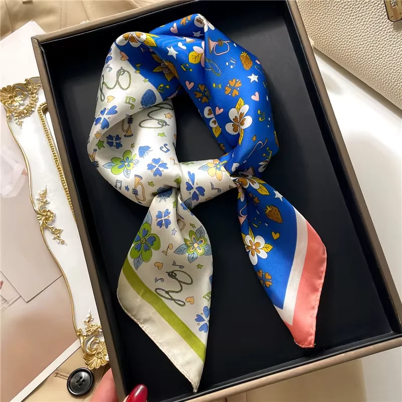 Women Scarf Luxury 2024 Floral Print Square Silk Hijab Hair Bands Neckerchief Fashion tieFemale Satin Shawl Ribbon Headband