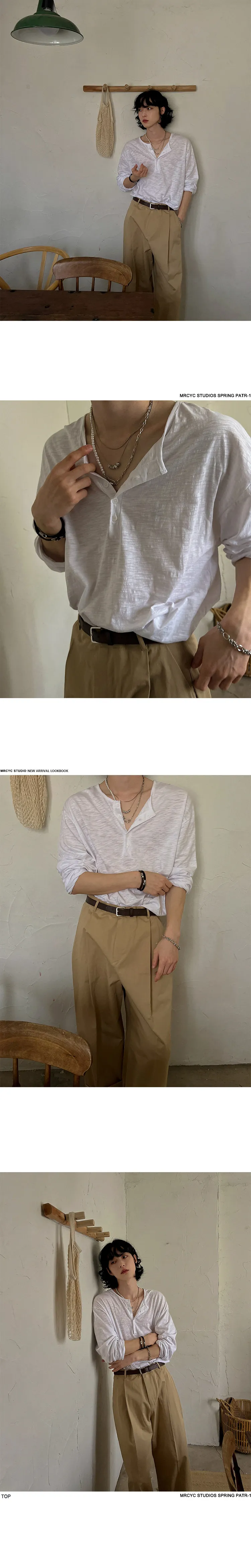 IEFB Korean Style Men's T-shirts Loose Button Design Pullover Tops Casual Solid Color Long Sleeve Male Tees Simple New 9C6913
