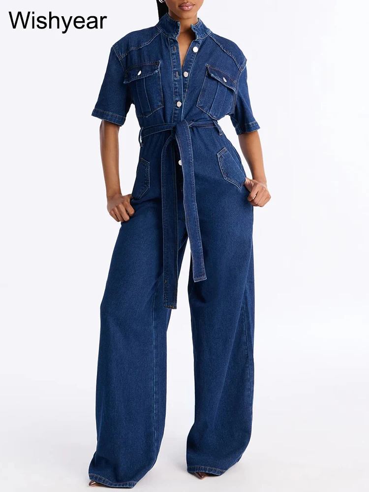 Ladies Dark Blue Denim Jumpsuit Short Sleeve Collared Button Front Belted Waist Wide Leg Pants Casual Vacation Streetwear Work