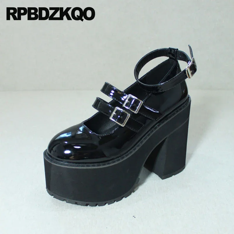 

Ankle Strap Strappy Platform Round Toe Shoes Women Patent Leather Fetish High Heels Pumps Pole Dancing Mary Jane Gothic Block