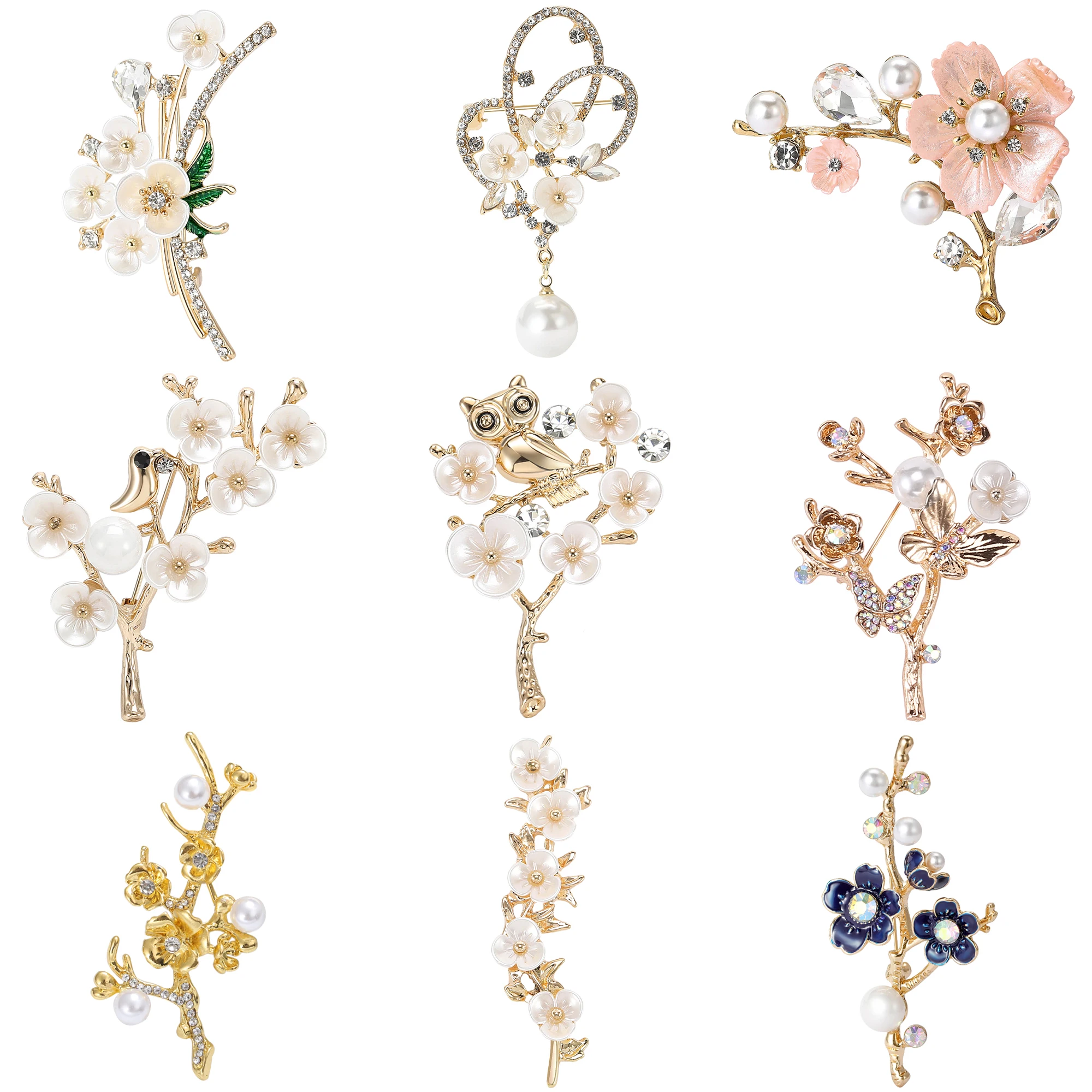 

StarryGem Wholesale Rhinestone Plum Blossom Branch Pins for Women Pearl Plant Brooches Office Party Friend Gifts Accessories