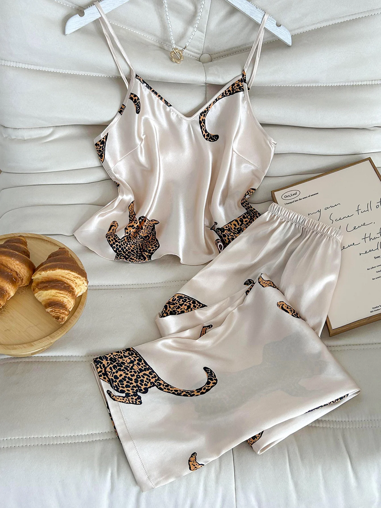 

Leopard Print Women's Fashion Pajama set Simple V Neck Top with Elastic waist Pant Comfortable 2 Pcs Sleepwear For home or party