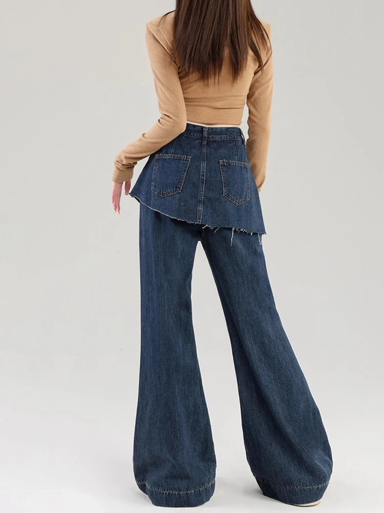 Retro Fake Two Women's Trousers High Waisted Slightly Flared Women Jeans Autumn Wash Loose Casual Wide Leg Women's Denim Pants