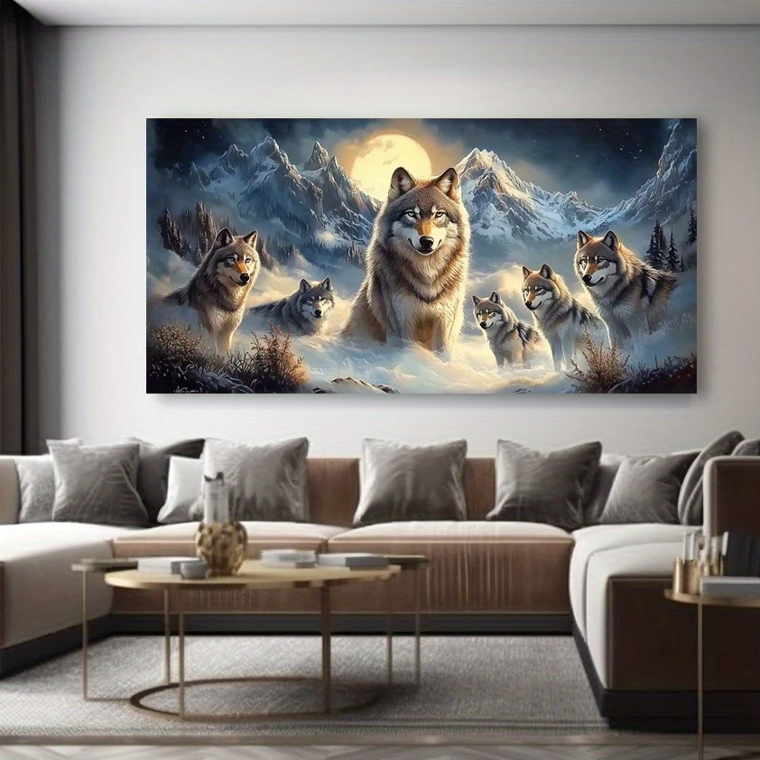 Large-sized frameless canvas paintings,Modern Abstract Snow Mountain Wolf Pack Poster and Prints Animal Art Canvas Painting Wall