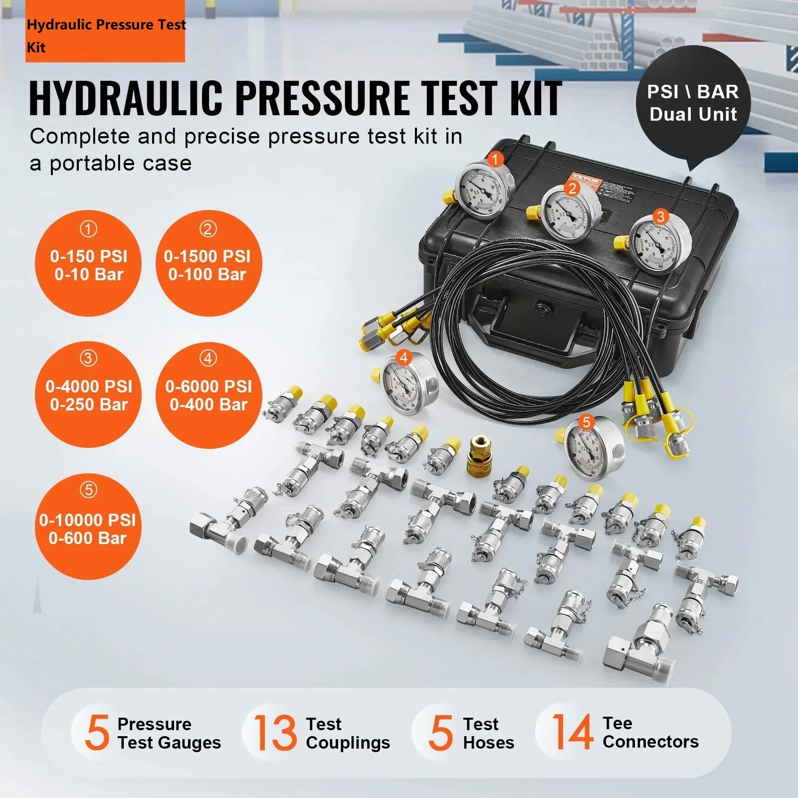 , Excavator Hydraulic Test Gauge Set with Carrying Case for Excavator Tractors Machinery Hydraulic Pressure Test Kit