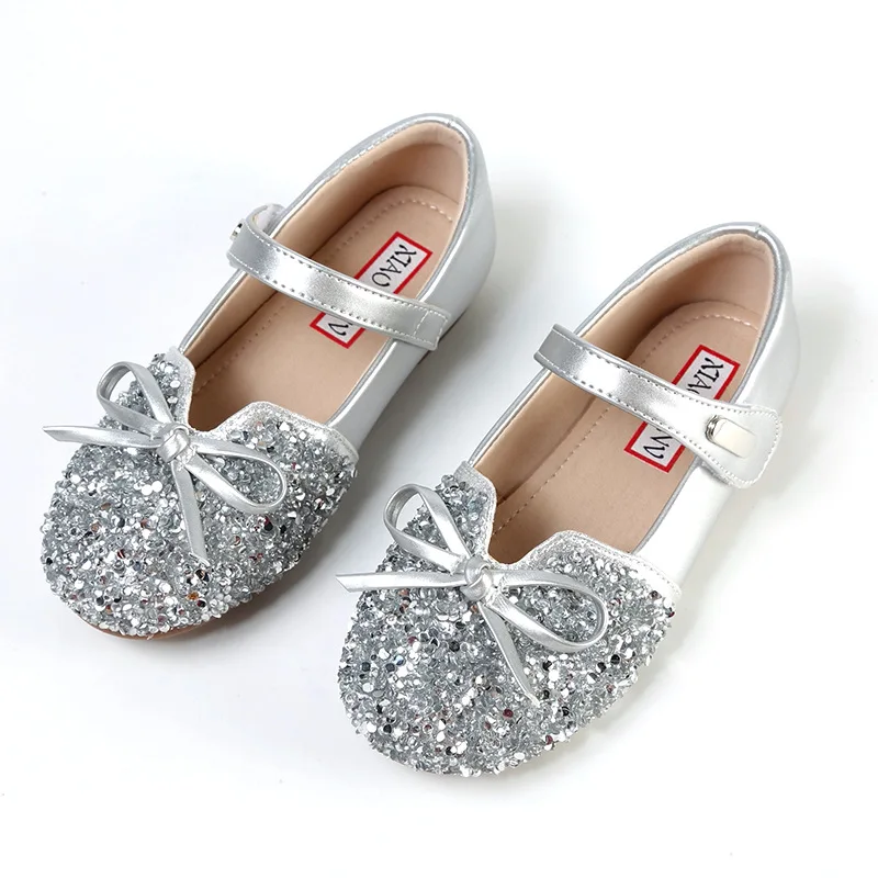 Princess Girls Silver Shoes New Baby The Spring And Autumn 2023 Single Soft Bottom Dress Flats Girls Flat Shoes