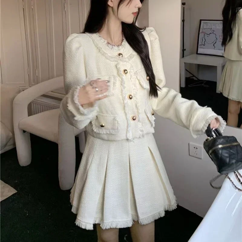 Vintage Cropped Blazers Mini Skirts 2pcs Set Koean Women Long Sleeved Jackets Tops with High Waist Pleated A-line Skirt Suits