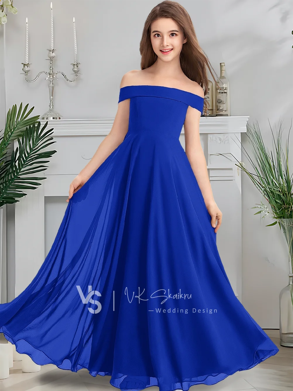 Ein A-Linie-Kleid für junge Brautjungfern, Blumenmädchenkleid, bodenlang, schulterfrei, ärmellos, Chiffon, für Mädchen, Hochzeit, Party, formell