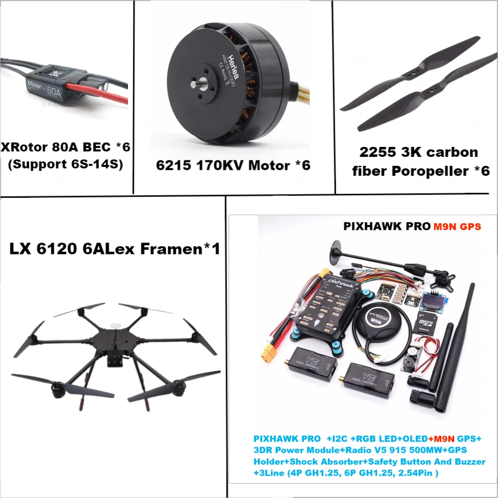 LX6120 Pixhawk PRO M9N Full Carbon Fiber 1200mm Hexa-Rotor Frame X-Roter 80A ESC PX4 Flight Control Set 6215 Motor