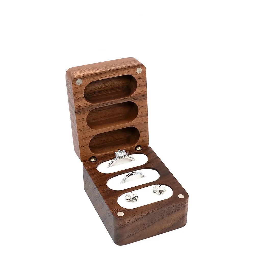 Black walnut wedding ring Jewelry box High-end small exquisite storage box Necklace stud box Exchange gift three slots