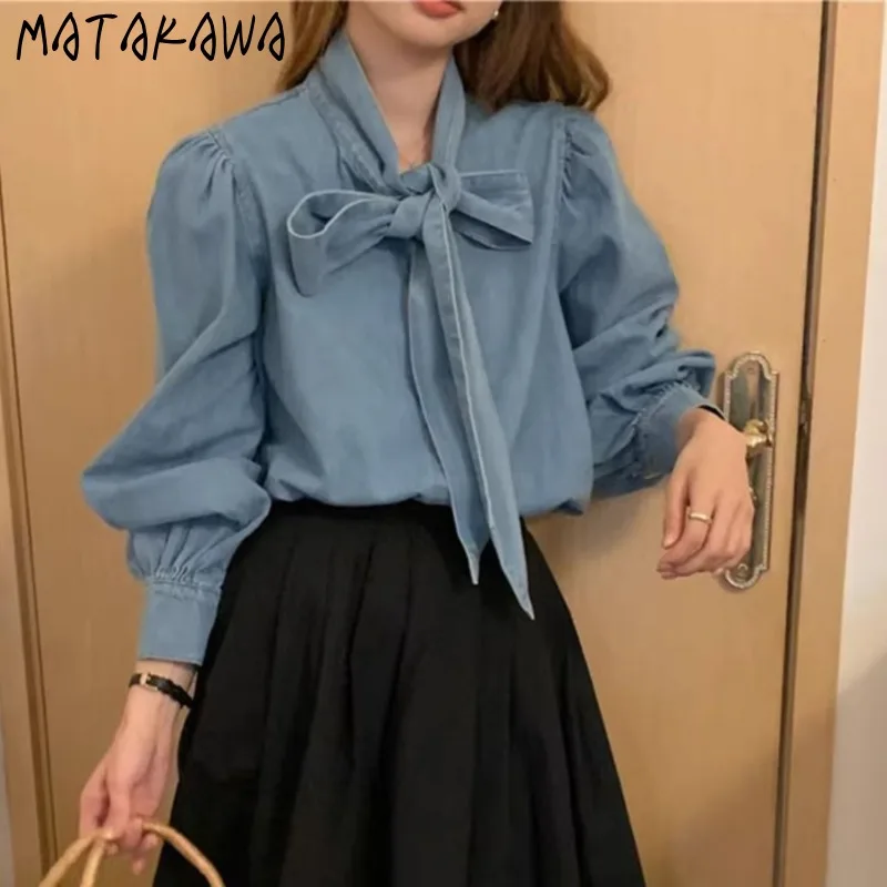 Matakawa Lace Up Bow Women Denim Shirts&blouses Solid Spring Autumn Korean Fashion Sweet Blusas Mujer Vintage Chic Camisas