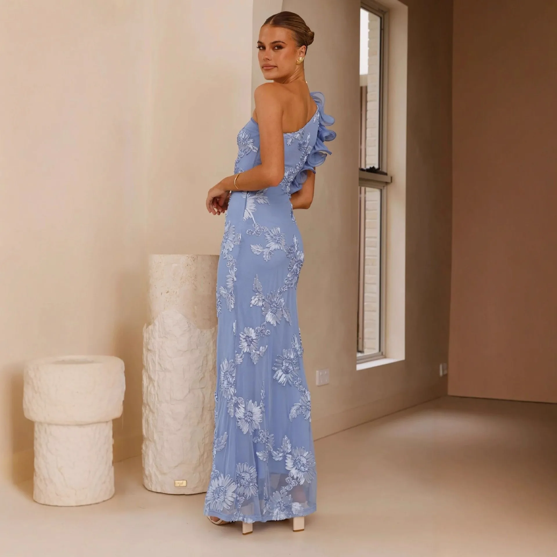 Elegant Party Dress Spaghetti Strap Floral Print Dresses High Waist Maxi Dress Sheer Overlay Pink Blue Wedding Guest Evening