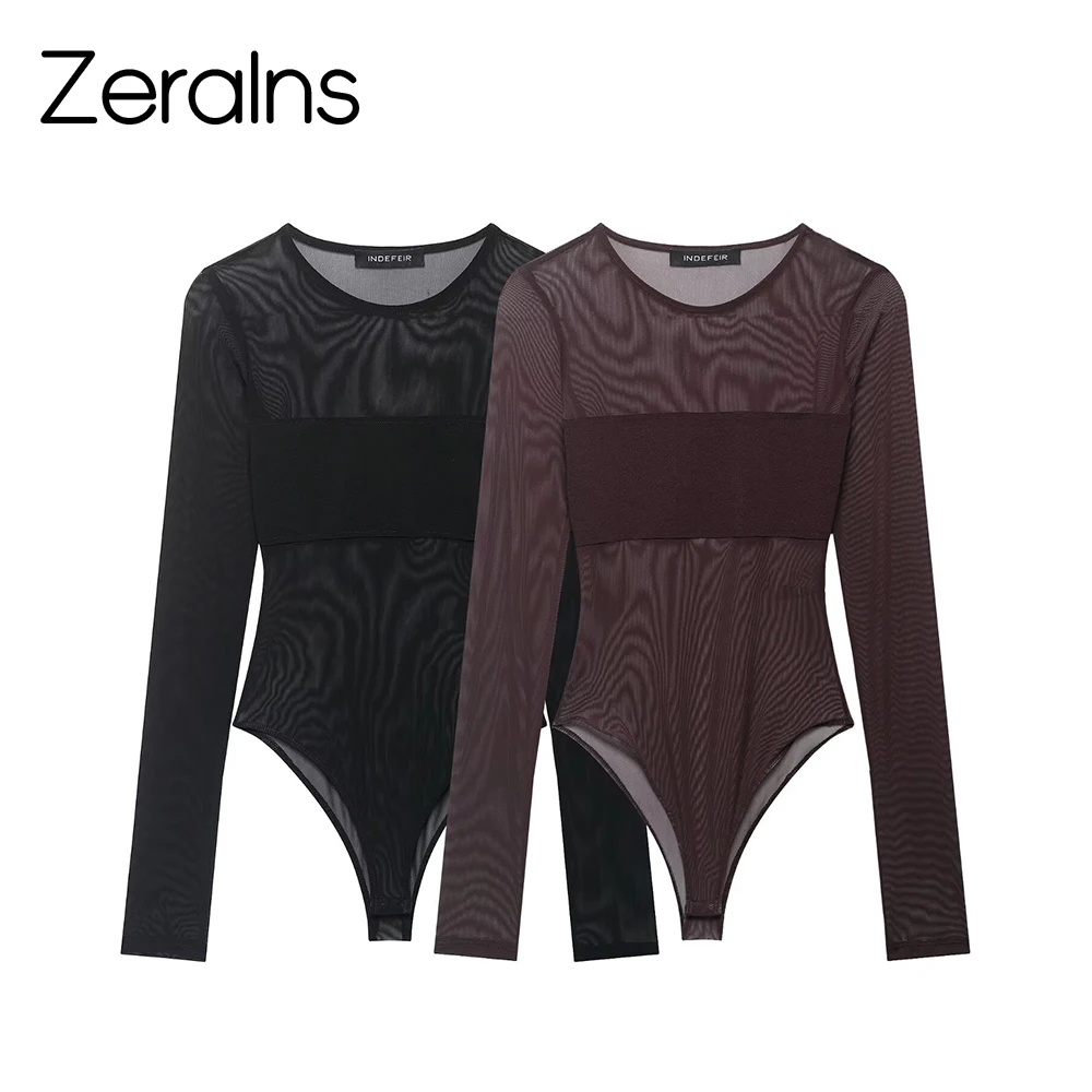 ZERAINS Frühlings- und Sommer-Neuheiten Vielseitiger Damen-Bodysuit mit langen Ärmeln, Rundhalsausschnitt und Tüll-Patchwork