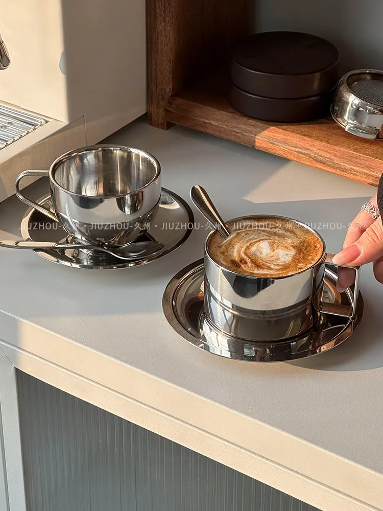 304 Stainless Steel Coffee Cup Set Iced Americano Latte Mugs with Saucer Spoon Ins Style Minimalist Water Cups for Home Office