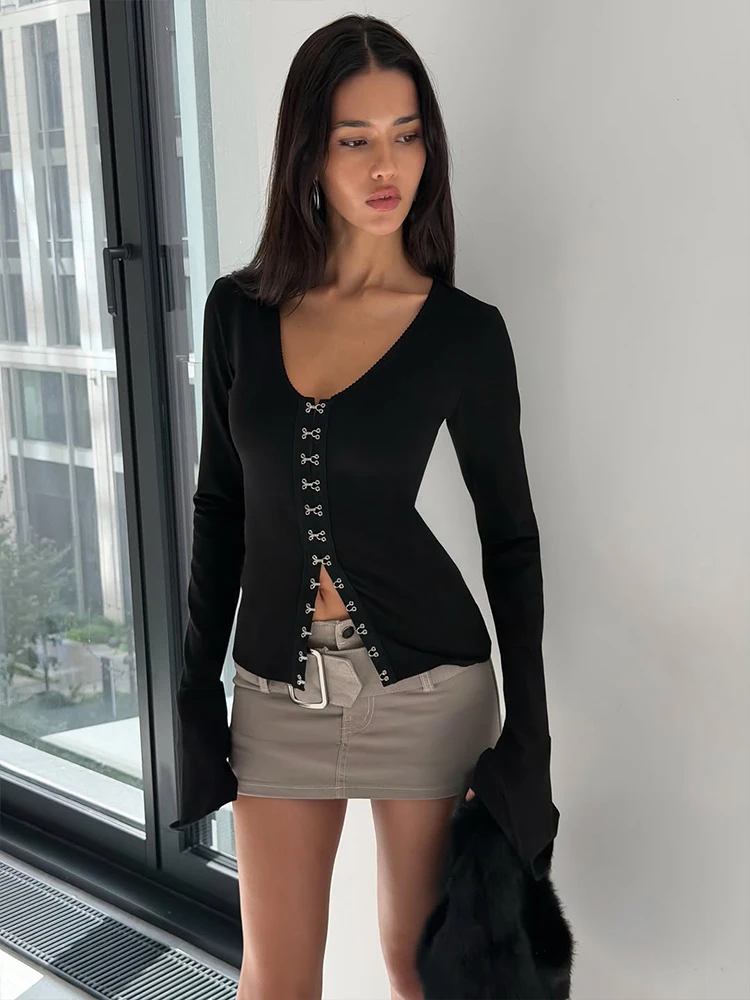 HUHUGIRL Long Sleeves V-Neck T-Shirts Tees Cardigan Tops Solid Slim Sheath Party Street Style Casual Chic Club Sexy For Women
