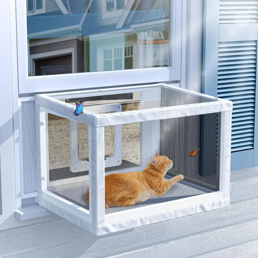 Winter Cat Window Box, Window Catio with Bug Proof Mesh, Min Height 16 | No Drill Set-up, 24.3-38.8W, Windproof Cover & Cat Door