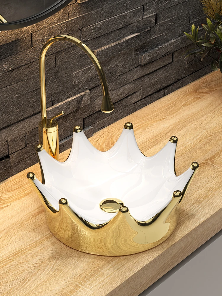 Golden countertop basin, ceramic art basin, European style bathroom basin, washbasin, sink