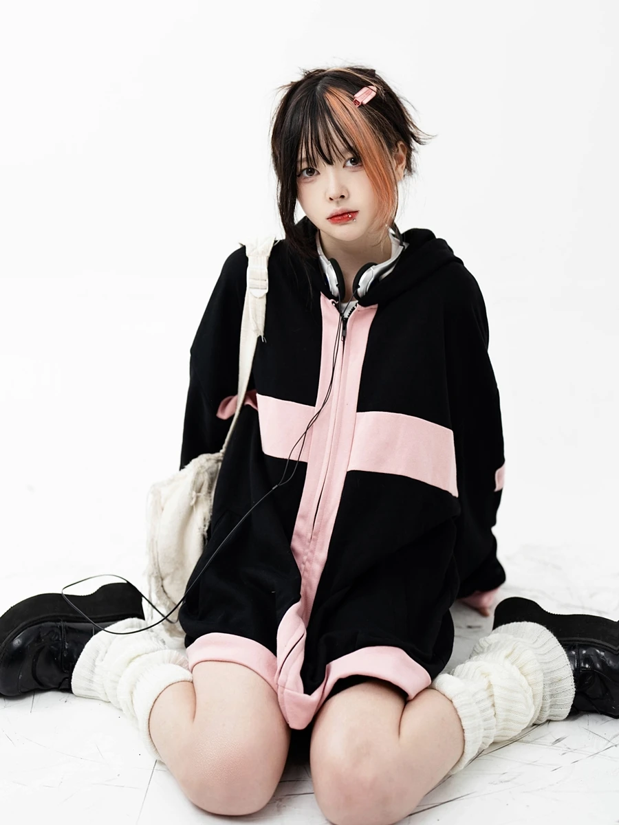 

Loose Cross Colored Blo Hoodie Jaet Couples Trendy Ins Takeoff Curry Autumn New Sle Polyester Fiber Long Sve Zipper