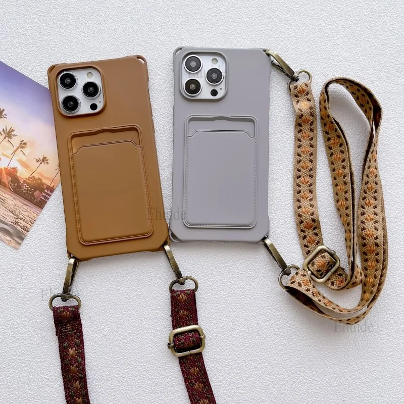 Crossbody Strap Case For iPhone 14 12 13 Mini 11 Pro Max X XR XS 7 8 15 Plus Vintage Lanyard Neck Silicon Wallet Card Slot Cover