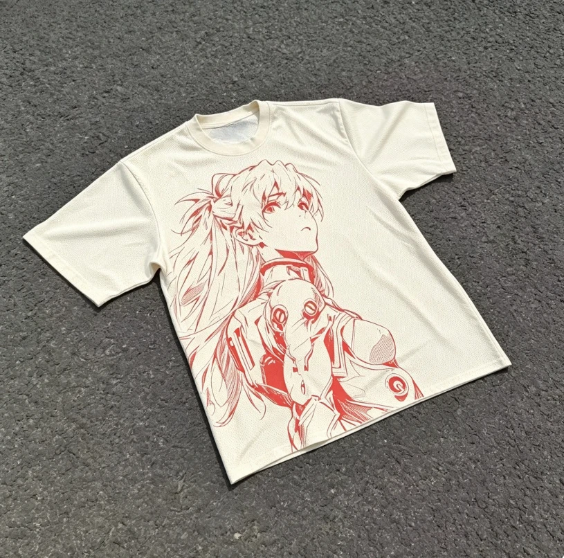 Anime Asuka Langley Soryu Graphic T‑Shirt Unisex Vintage Red Line Art Oversized Short Sleeve Casual Streetwear Tee