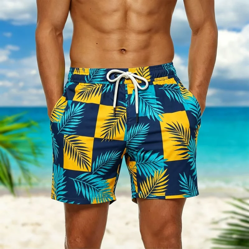 

Men's Checkerboard Tropical Print Casual Shorts，for Garden Parties, Picnics, Casual Hangouts & Vibrant Styling