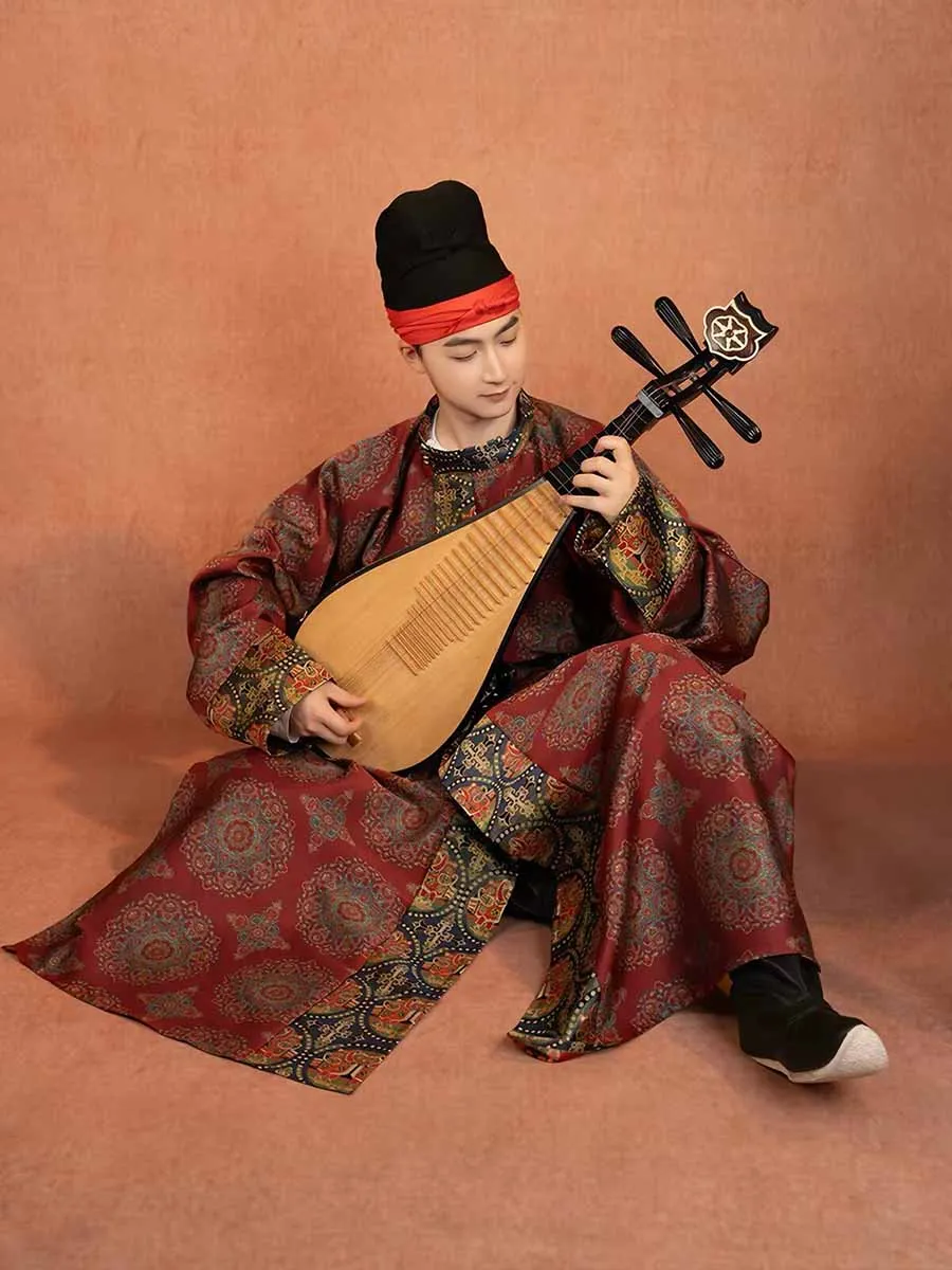 Men Vintage Tang Dynasty Hanfu Robe Red Jacquard Floral Round Collar Gown Traditional Chinese Ancient Costume For Wedding